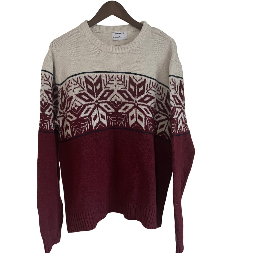 Old Navy Mens Nordic Fair Isle Crewneck Cotton Blend Sweater XL Red White Cabin